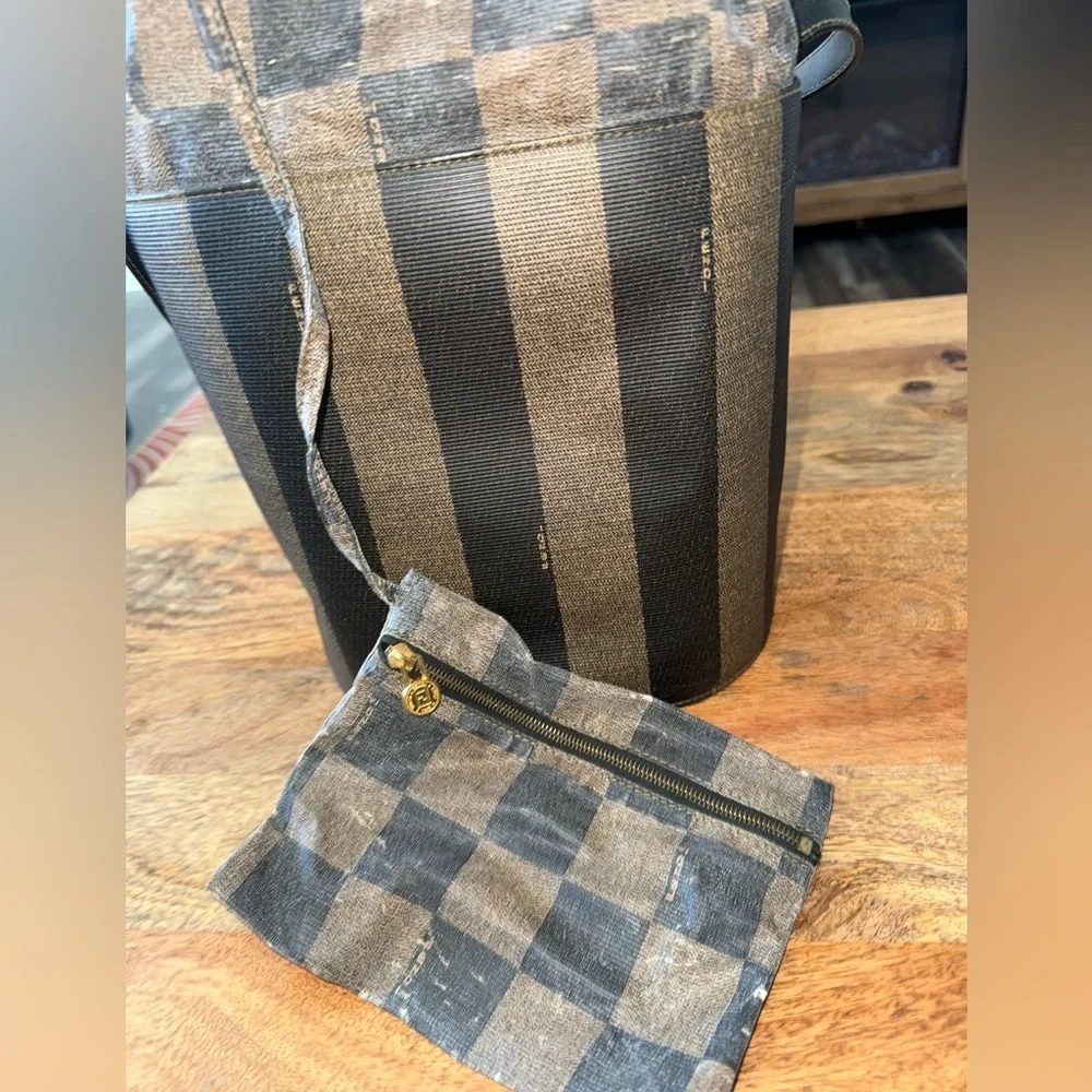 Vintage FENDI Pecan Canvas Shoulder Bag PVC Black Brown Auth